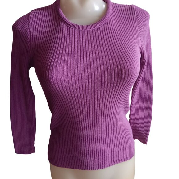 Women's Small Vintage 1970's Purple Hippie Ribbed Knit Long Sleeve Sweater Top - Picture 1 of 9